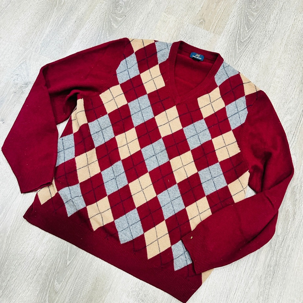 Brooks Brothers 346 Mens XL Argyle Sweater Burgundy 100% Lambswool V-Neck Preppy